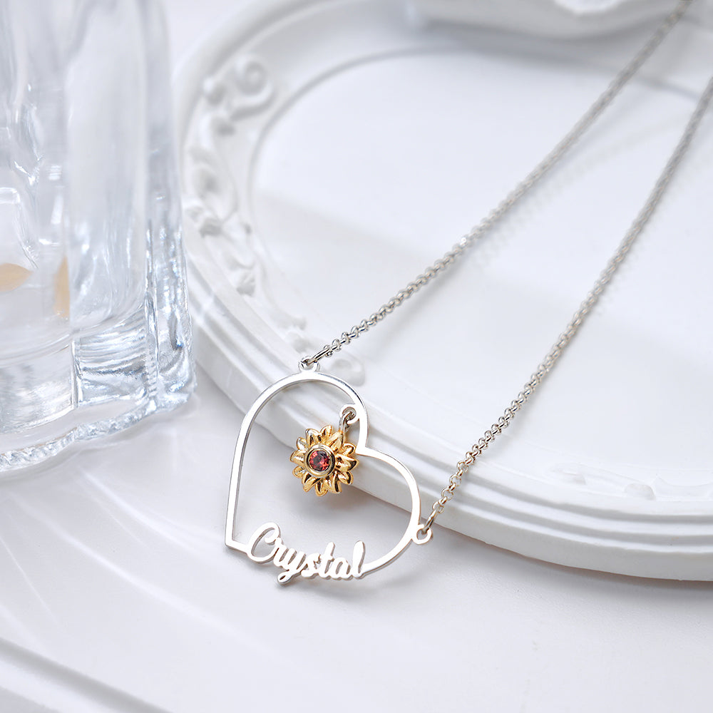 Personalized Heart-Shaped Sunflower Name Necklace with Birthstone Birthday Anniversary Gift for Her - soufeelmy