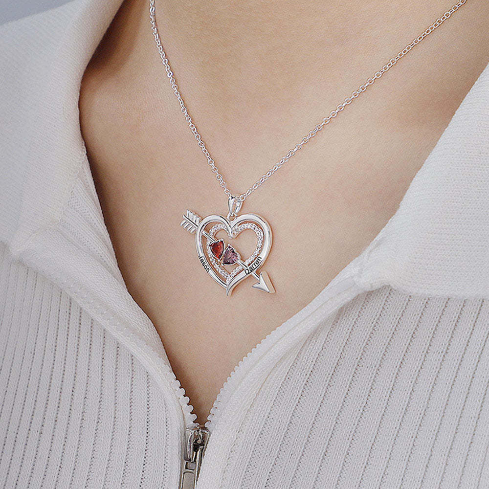 Personalized Name Birthstone Cupid Arrow Heart Necklace Engrave Necklace for Her - soufeelmy