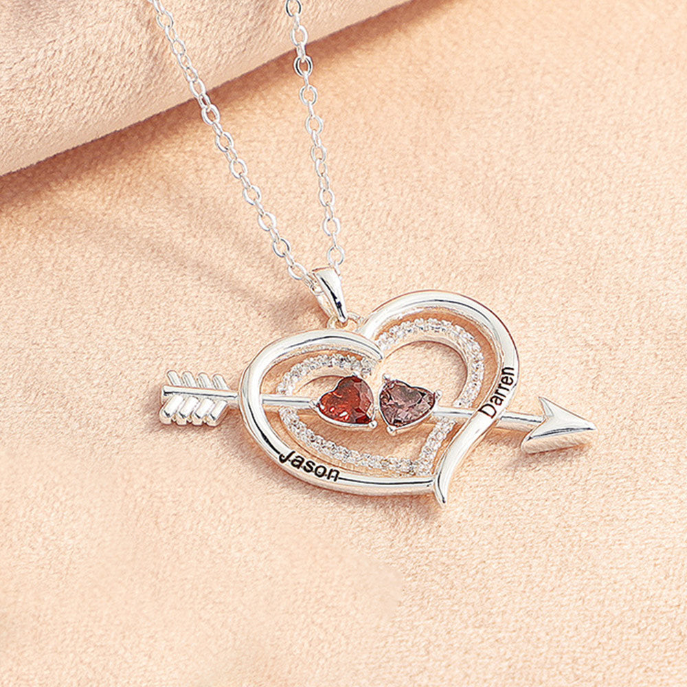 Personalized Name Birthstone Cupid Arrow Heart Necklace Engrave Necklace for Her - soufeelmy