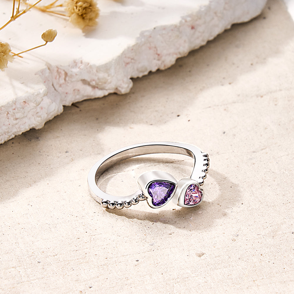 Personalized Birthstones Ring Adjustable Open Double Heart Ring Gift for Her - soufeelmy
