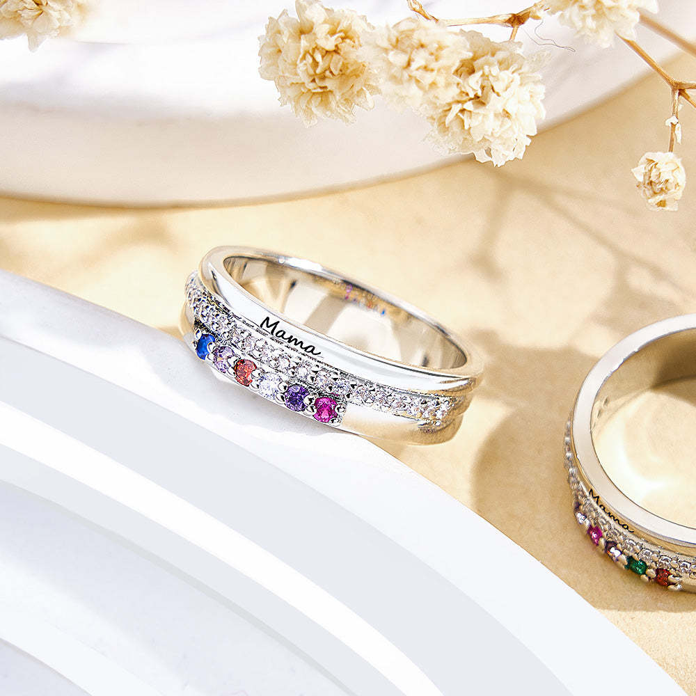 Personalized Birthstones Ring with Engraved Text Family Ring Jewelry Birthday Gift for Mom Grandma - soufeelmy