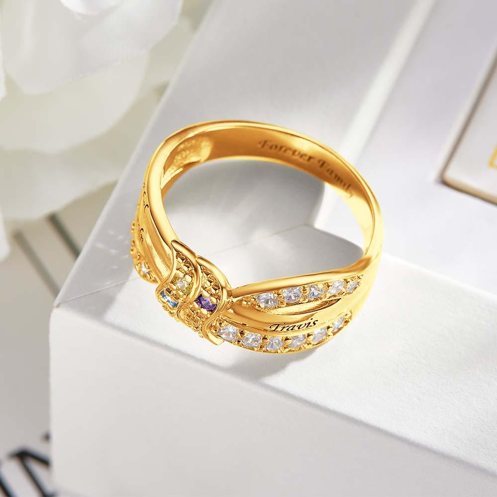Custom Name and Text Birthstone Ring 18k Gold Plated Personalized Family Ring Gift For Her - soufeelmy
