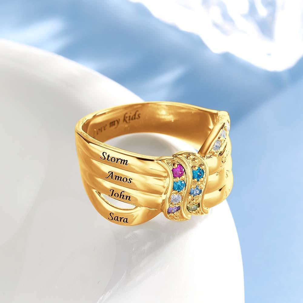 Custom Name and Text Birthstone Ring 18k Gold Plated Personalized Family Ring Gift For Her - soufeelmy