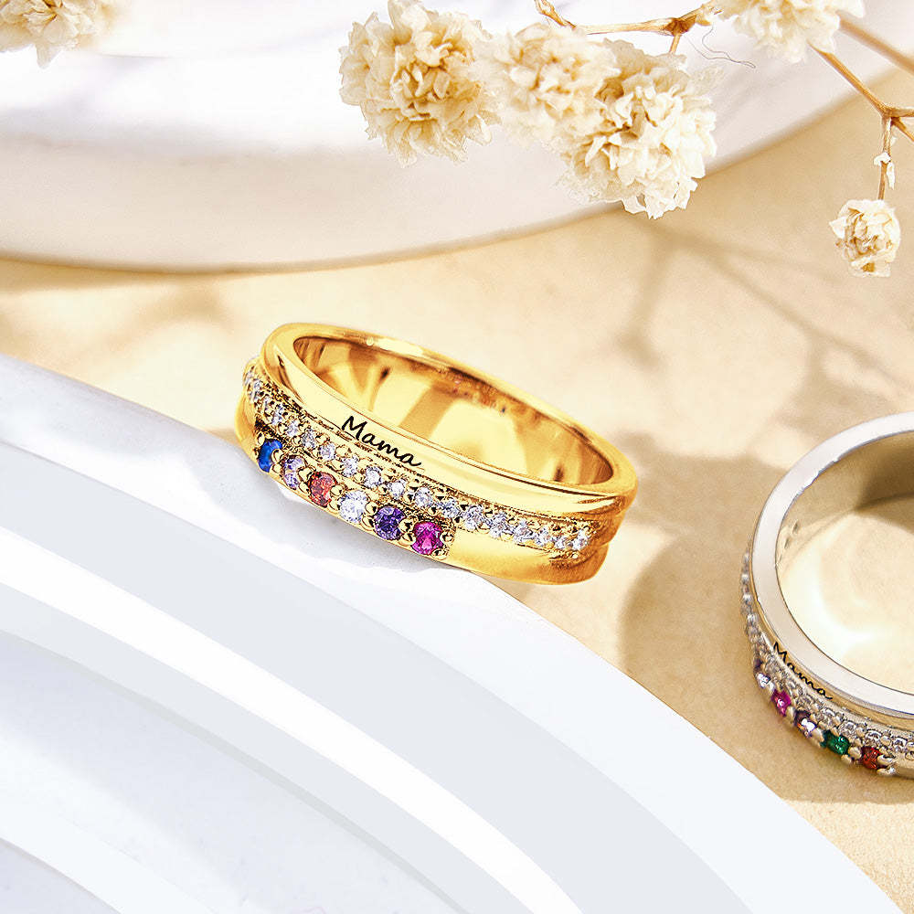 Personalized Birthstones Ring with Engraved Text Ring Jewelry Anniversary Birthday Gift for Her - soufeelmy