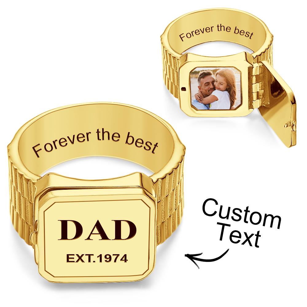 Photo Locket Ring for Dad That Holds Pictures inside Personalized Memorial Photo Locket Band Rings Gift for Dad Father Men Grandfather - soufeelmy