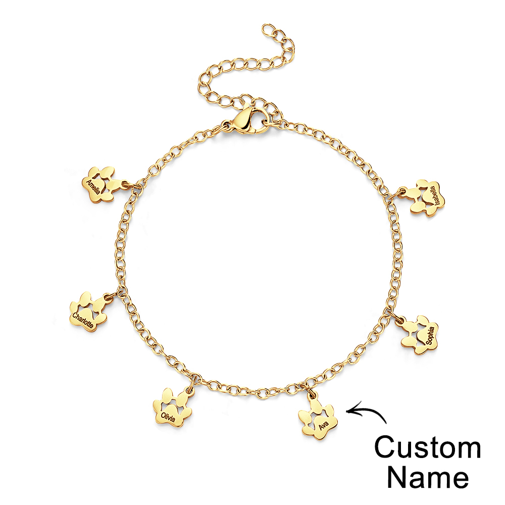 Custom Name Paw Print Bracelets 1-6 Names Dog Paw Bracelets Minimalist Cat Paw Bracelets for Pet Lover - soufeelmy