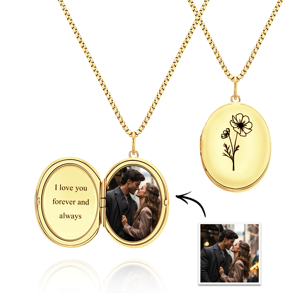 Custom Photo Locket Necklace with Engravable Birth Flower Birthday Gift for Women - soufeelmy