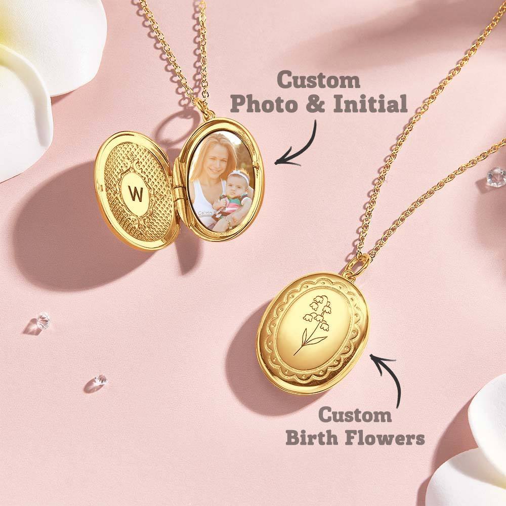 Personalized Birth Flower Locket Necklace with Photo Necklace Jewelry Gift for Her - soufeelmy