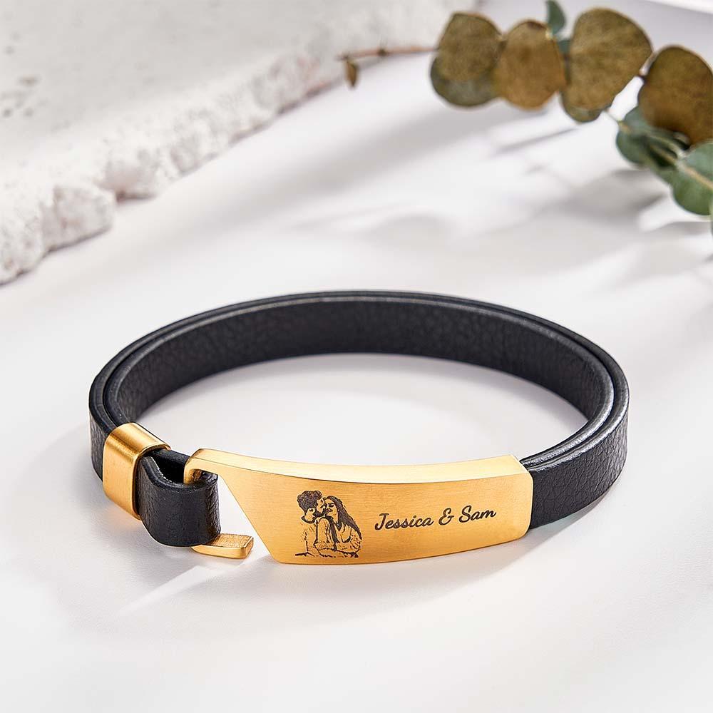 Custom Photo Leather Bracelet With Text Simple Retro Bracelet Gift For Men - soufeelmy