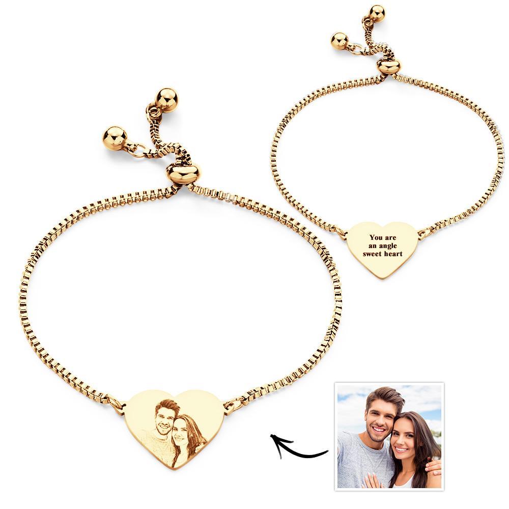 Personalized Custom Photo Text Stainless Steel Adjustable Bracelet Carved Heart Shaped Pendant Fashion Jewelry Custom Gift for Women - soufeelmy