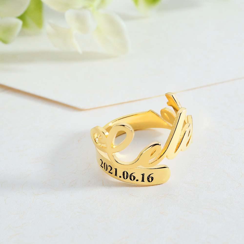 Minimalist Spiral Engraved Name Adjustable Open Ring Personalized Text Commemorative Ring - soufeelmy