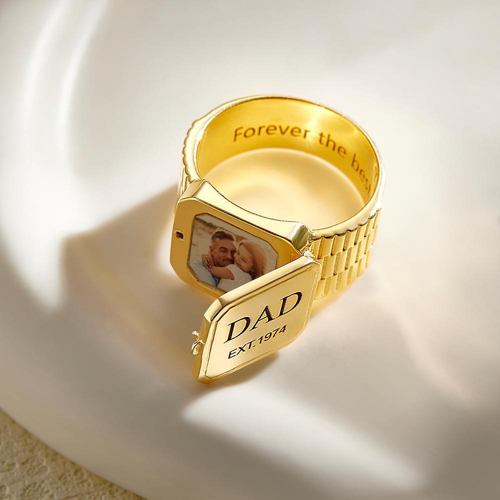 Photo Locket Ring for Dad That Holds Pictures inside Personalized Memorial Photo Locket Band Rings Gift for Dad Father Men Grandfather - soufeelmy