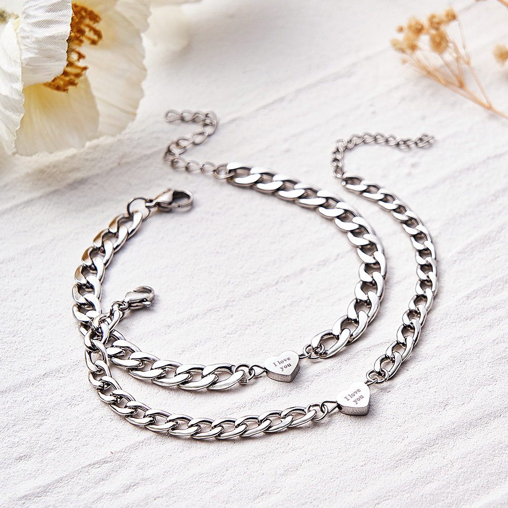 Engravable Bracelet Set Personalized Fashionable Chain Heart Pendant Bracelet Gift For Couples - soufeelmy