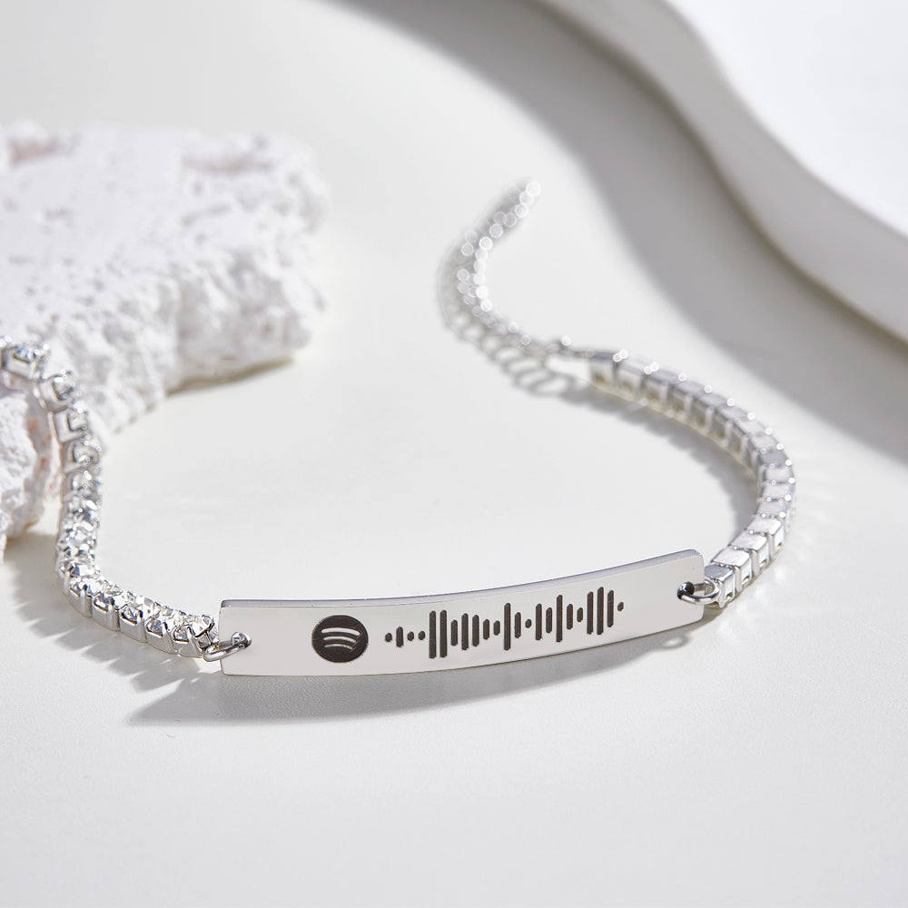 Custom Scannable Spotify Code Tennis Bracelet Unique Engraved Bar All Diamonds Bracelet Gift For Her - soufeelmy