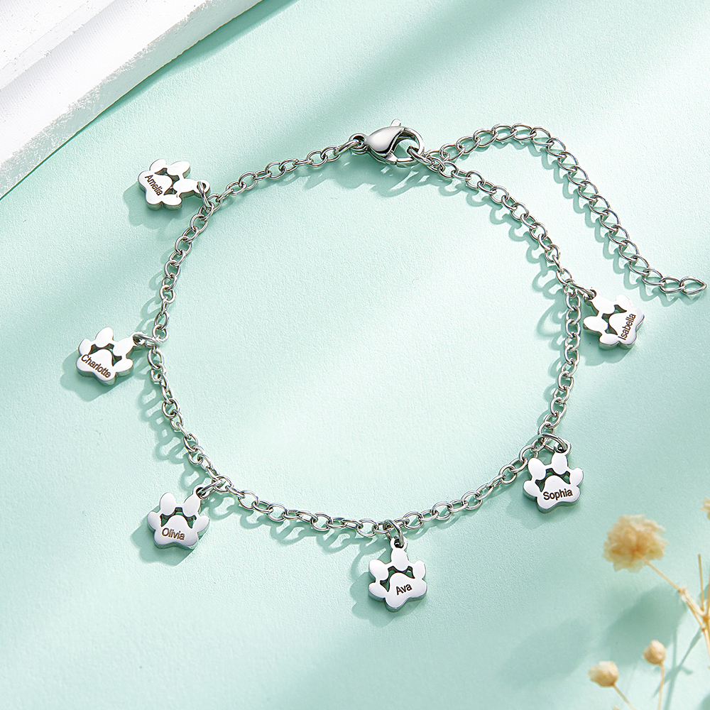 Custom Name Paw Print Bracelets 1-6 Names Dog Paw Bracelets Minimalist Cat Paw Bracelets for Pet Lover - soufeelmy