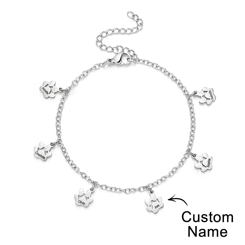 Custom Name Paw Print Bracelets 1-6 Names Dog Paw Bracelets Minimalist Cat Paw Bracelets for Pet Lover - soufeelmy