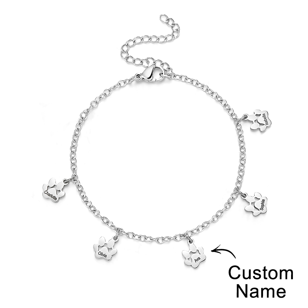 Custom Name Paw Print Bracelets 1-6 Names Dog Paw Bracelets Minimalist Cat Paw Bracelets for Pet Lover - soufeelmy