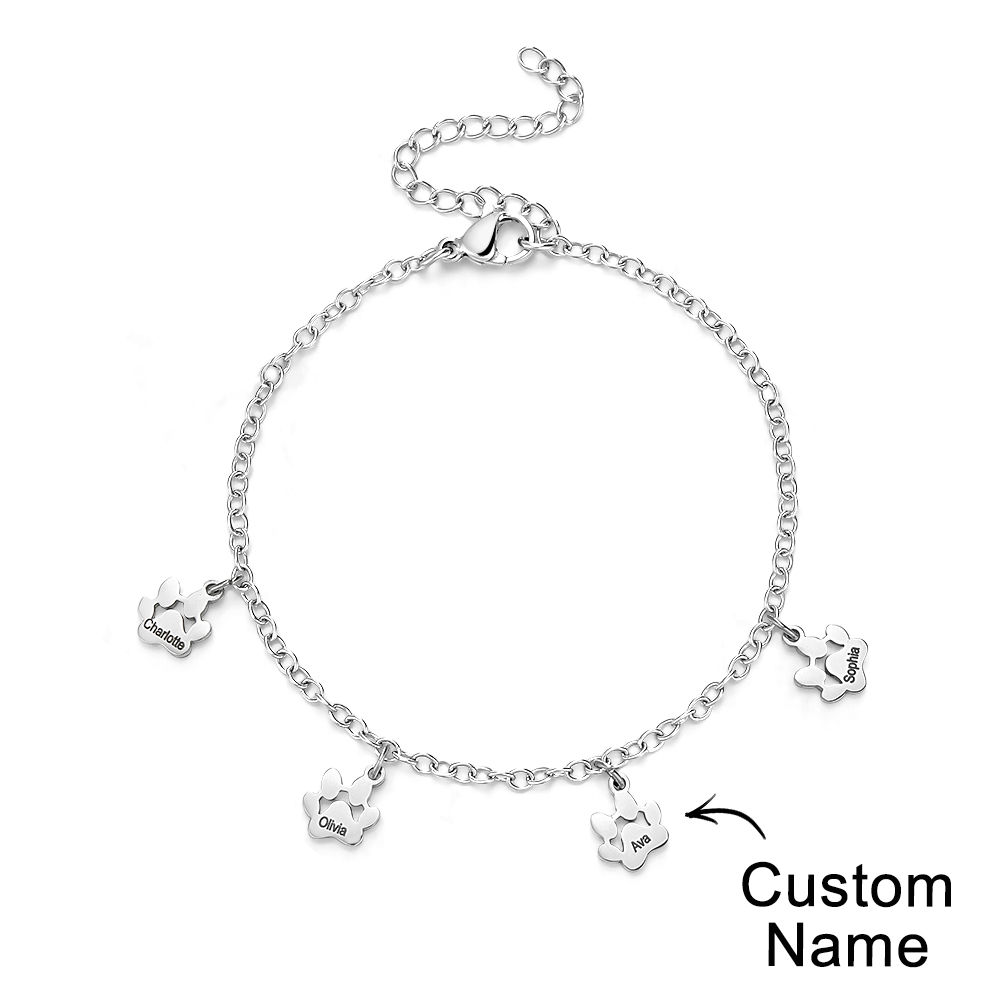 Custom Name Paw Print Bracelets 1-6 Names Dog Paw Bracelets Minimalist Cat Paw Bracelets for Pet Lover - soufeelmy
