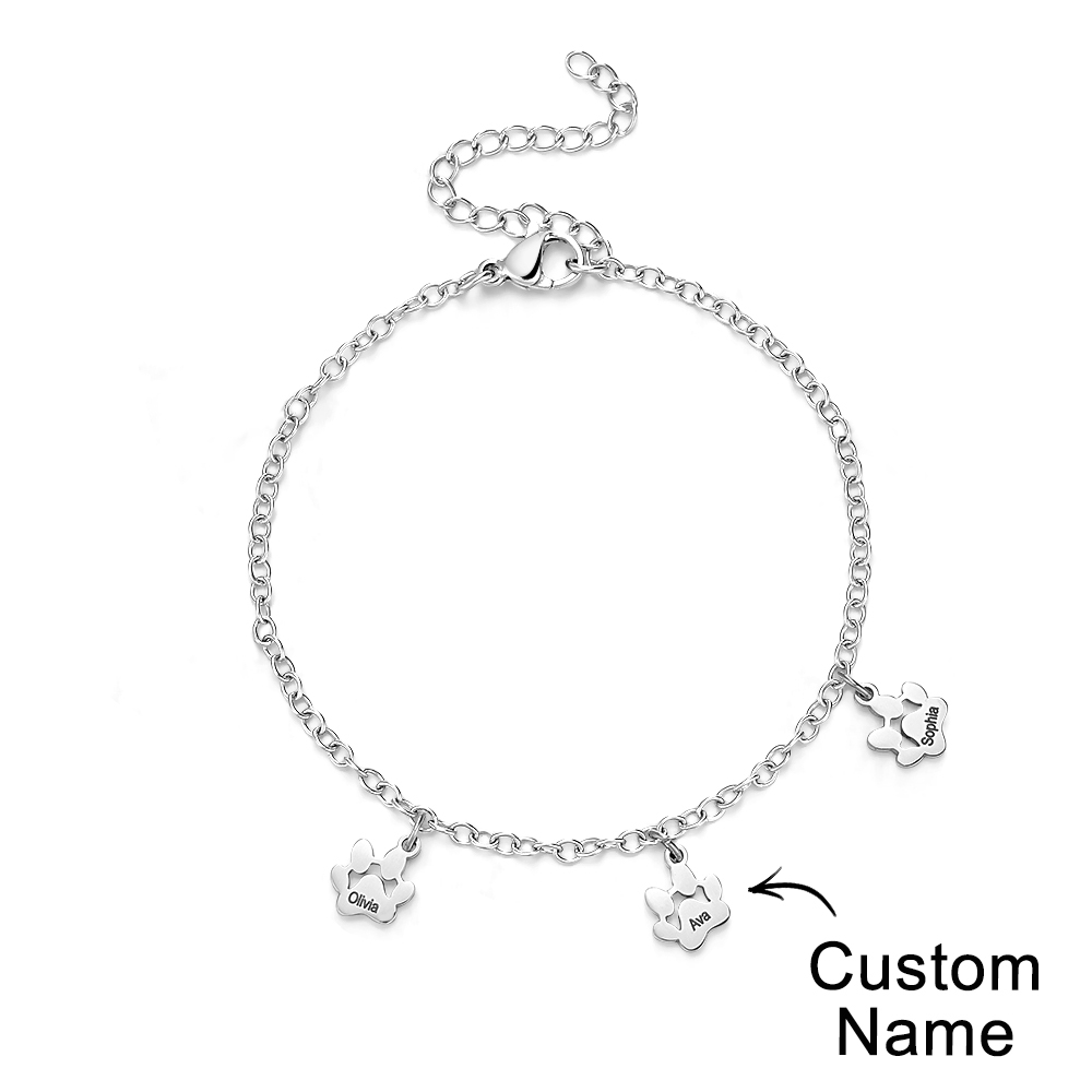 Custom Name Paw Print Bracelets 1-6 Names Dog Paw Bracelets Minimalist Cat Paw Bracelets for Pet Lover - soufeelmy