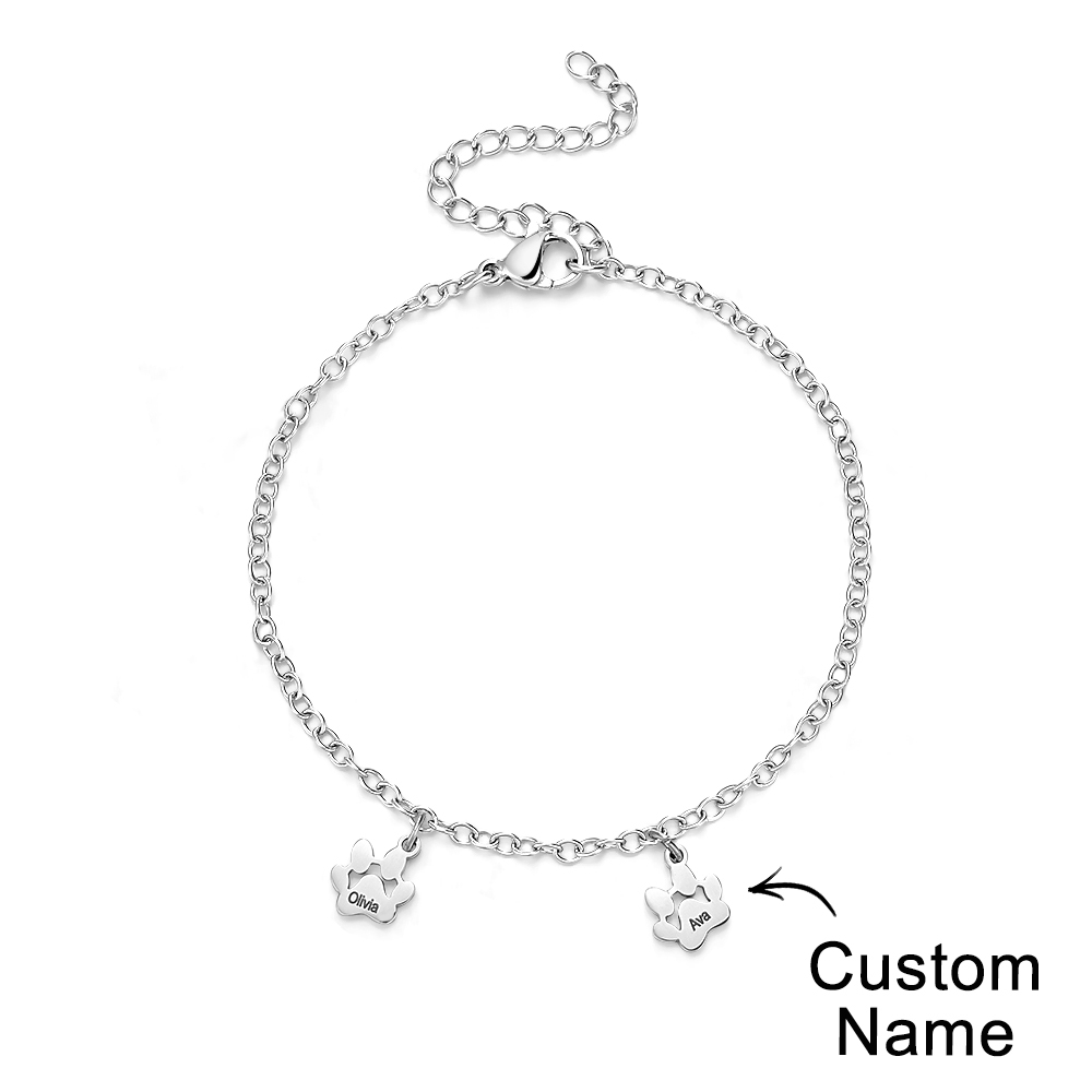 Custom Name Paw Print Bracelets 1-6 Names Dog Paw Bracelets Minimalist Cat Paw Bracelets for Pet Lover - soufeelmy