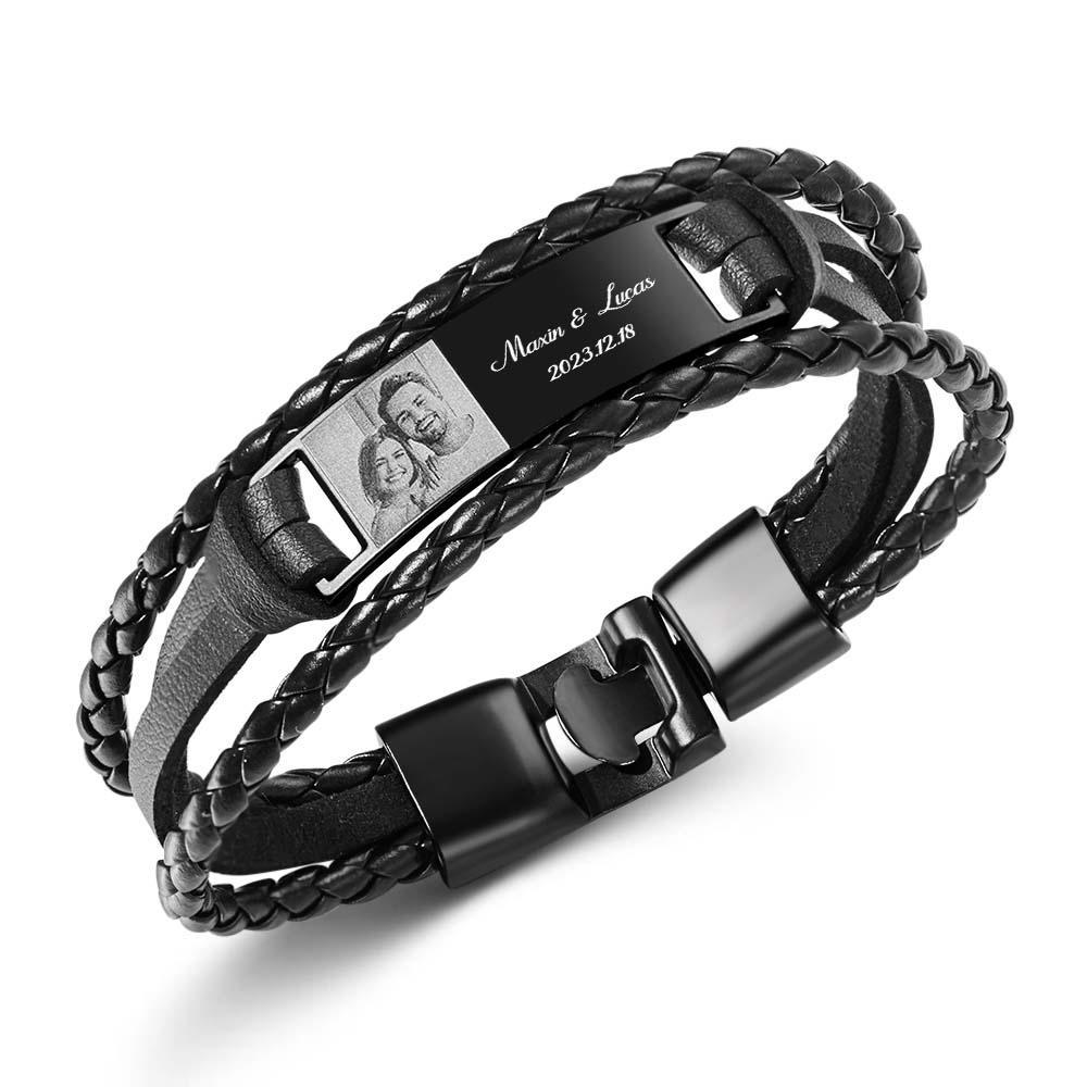 Custom Men's Bracelets Photo Leather Engraved Name and Date Men's Bracelet Best Valentine's Day Gifts for Him - soufeelmy