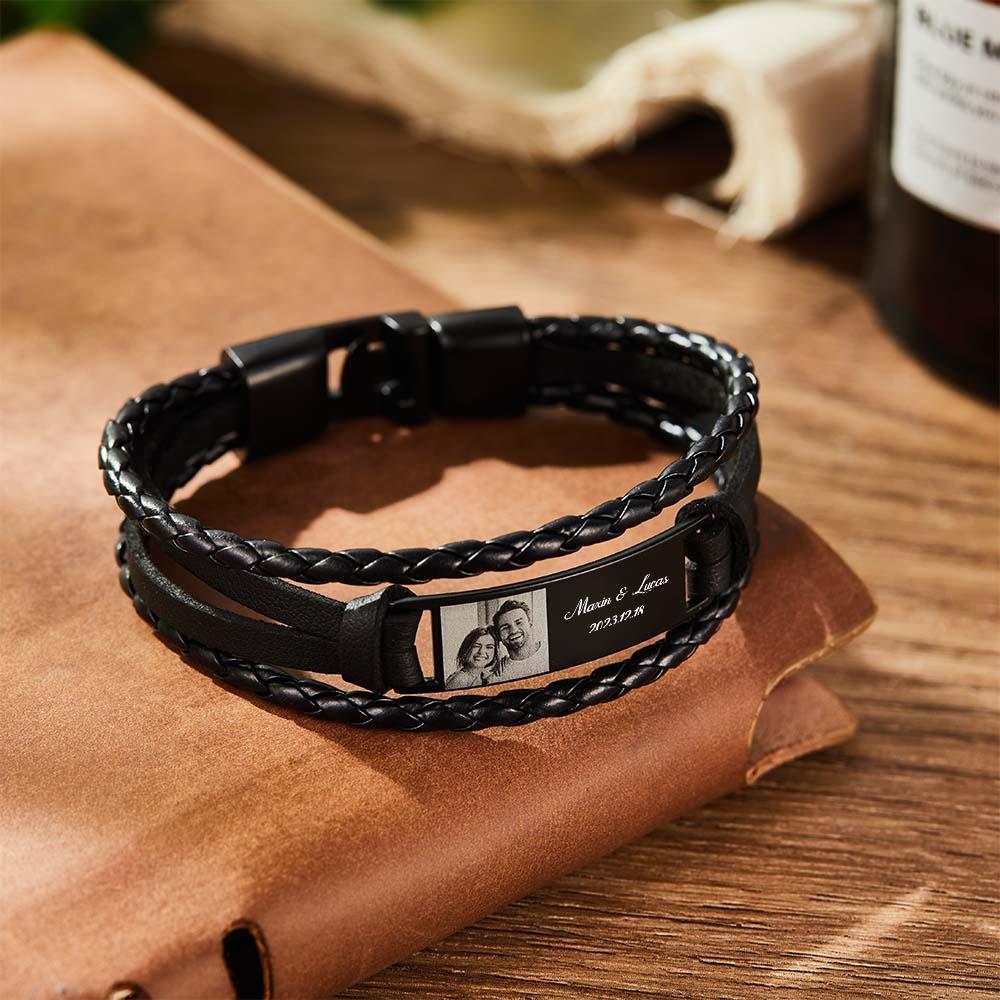 Custom Men's Bracelets Photo Leather Engraved Name and Date Men's Bracelet Best Valentine's Day Gifts for Him - soufeelmy