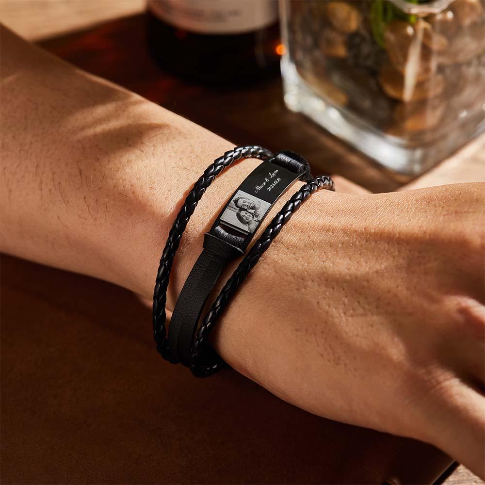 Custom Men's Bracelets Photo Leather Engraved Name and Date Men's Bracelet Best Valentine's Day Gifts for Him - soufeelmy