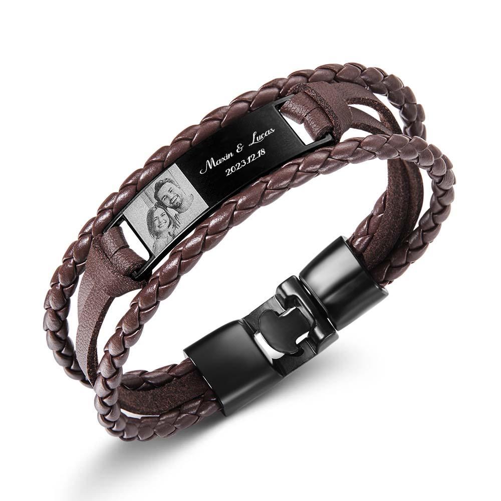 Custom Men's Bracelets Photo Leather Engraved Name and Date Men's Bracelet Best Valentine's Day Gifts for Him - soufeelmy