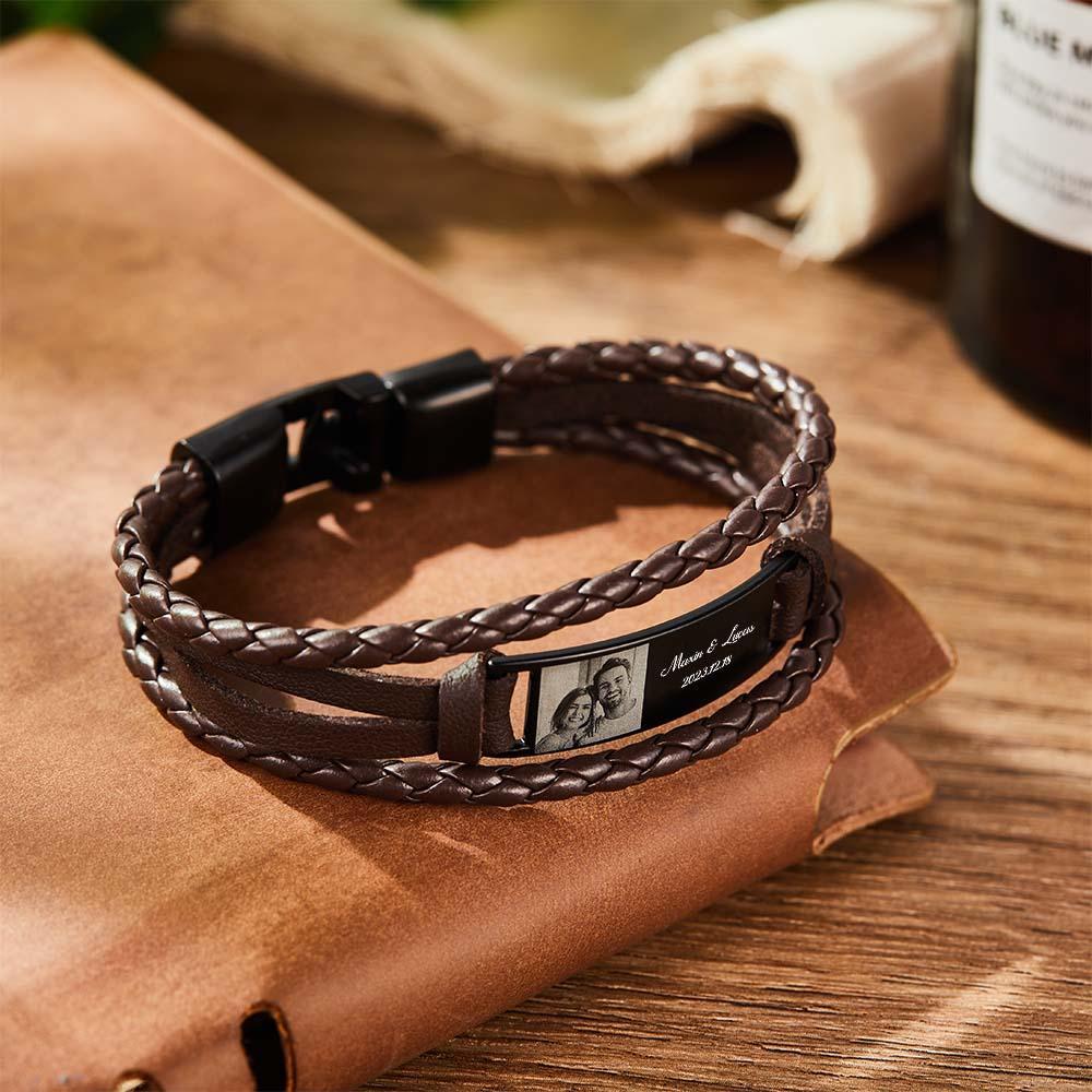 Custom Men's Bracelets Photo Leather Engraved Name and Date Men's Bracelet Best Valentine's Day Gifts for Him - soufeelmy