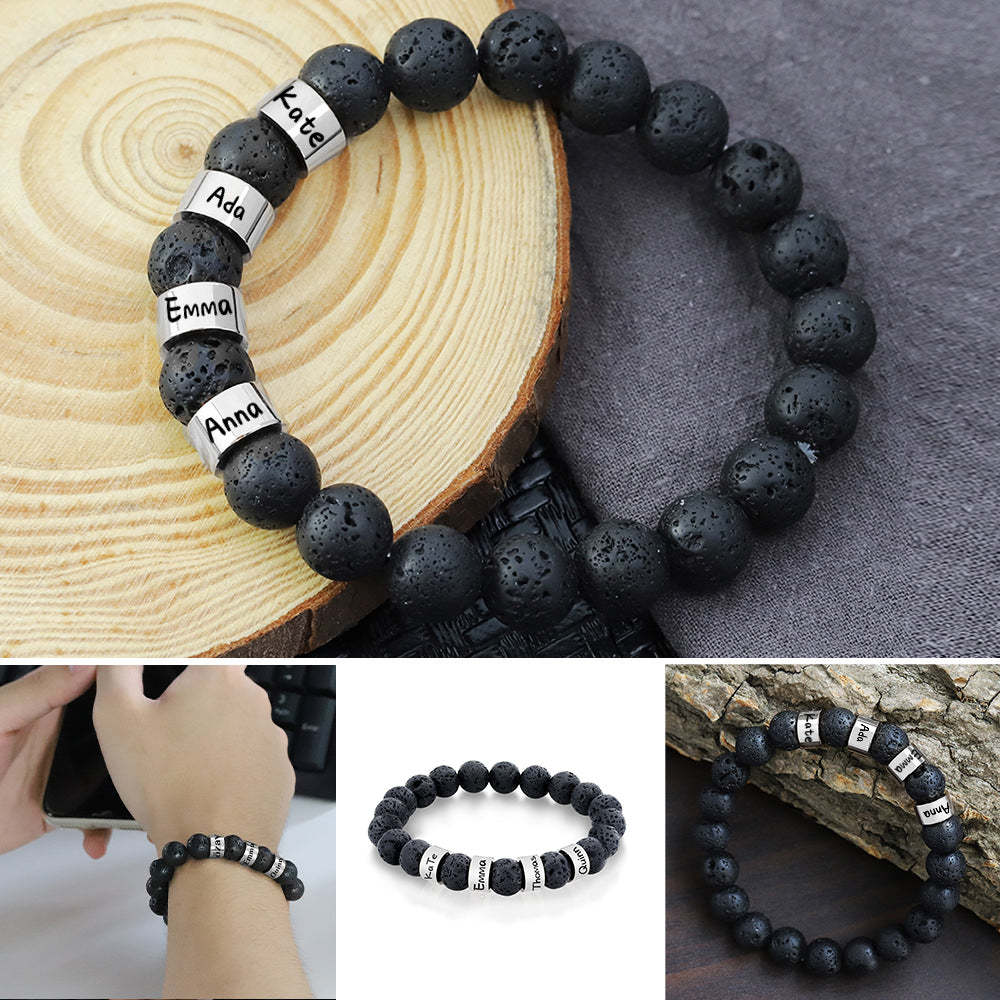 Personalized Name Black Lava Stone Bead Bracelet Gift for Men Husband Father Grandfather - soufeelmy