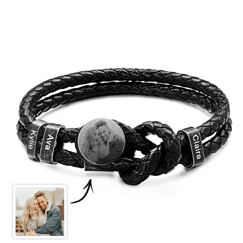 Mens Retro Leather Photo Bracelet with 2-5 Names Custom Family Name Photo Gifts for Dad Fathers Day Gifts - soufeelmy