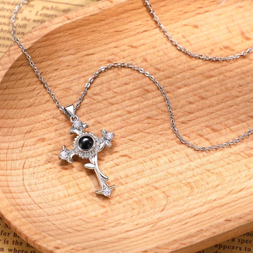 Custom Photo Projection Necklace Sunflower Cross Creative Gift - soufeelmy