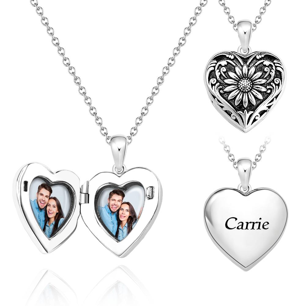 Personalized Photo Heart-Shaped Locket Necklace Retro Flower Pendant Jewelry For Her - soufeelmy