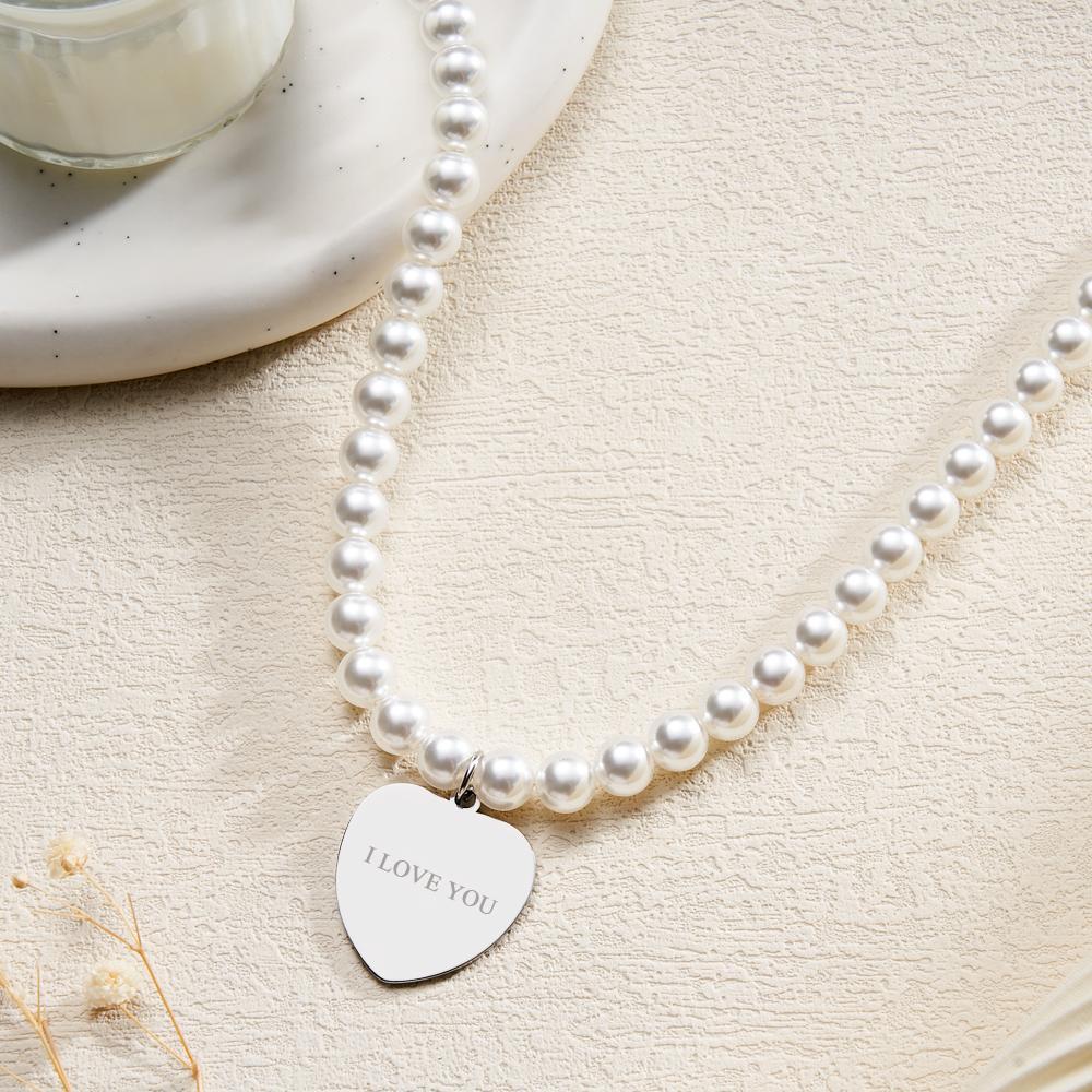 Custom Photo Engraved Necklace Pearl Chain Heart Gift - soufeelmy