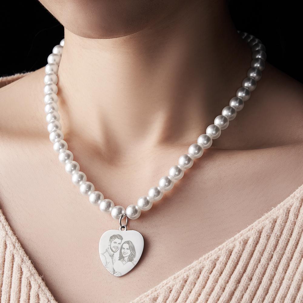 Custom Photo Engraved Necklace Pearl Chain Heart Gift - soufeelmy