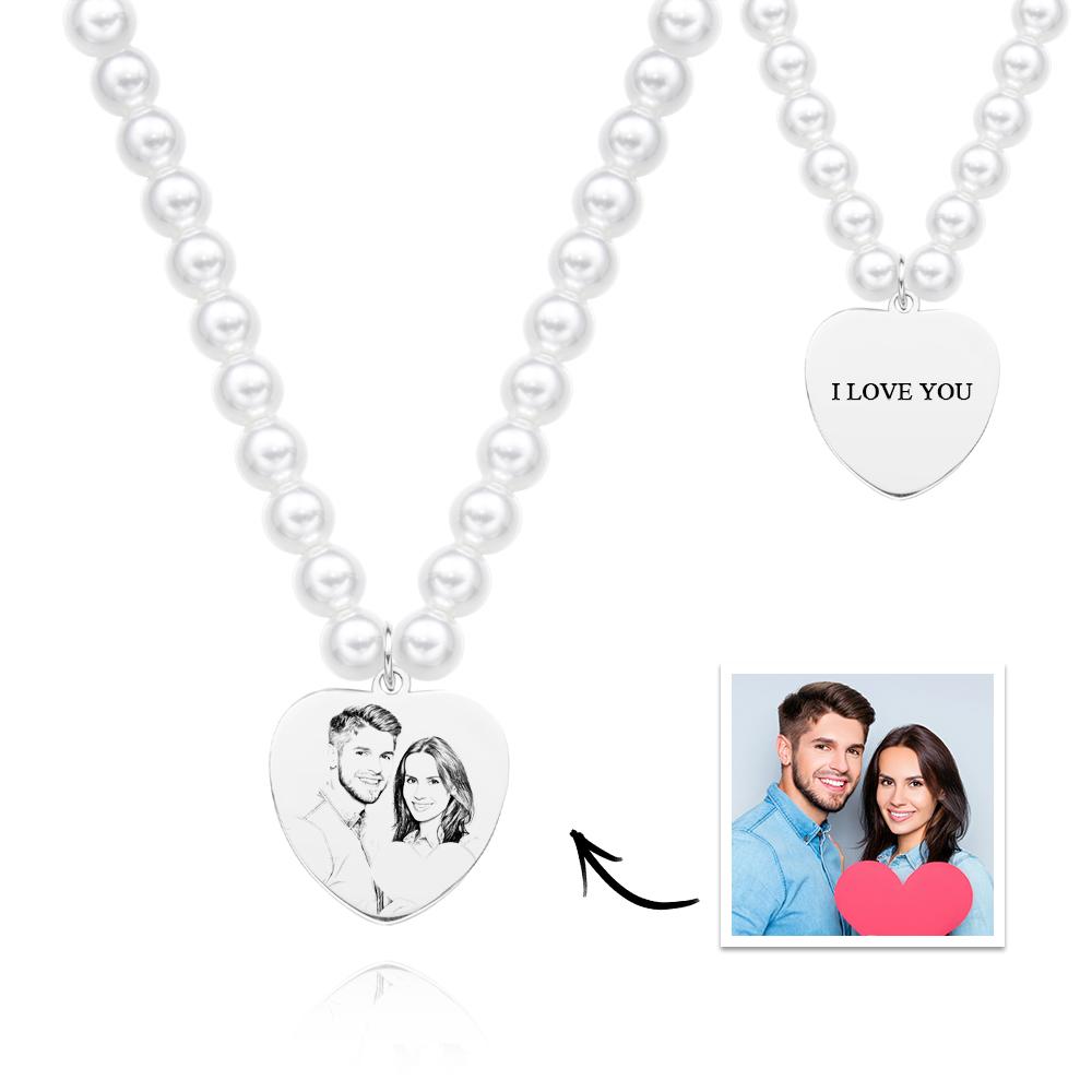 Custom Photo Engraved Necklace Pearl Chain Heart Gift - soufeelmy
