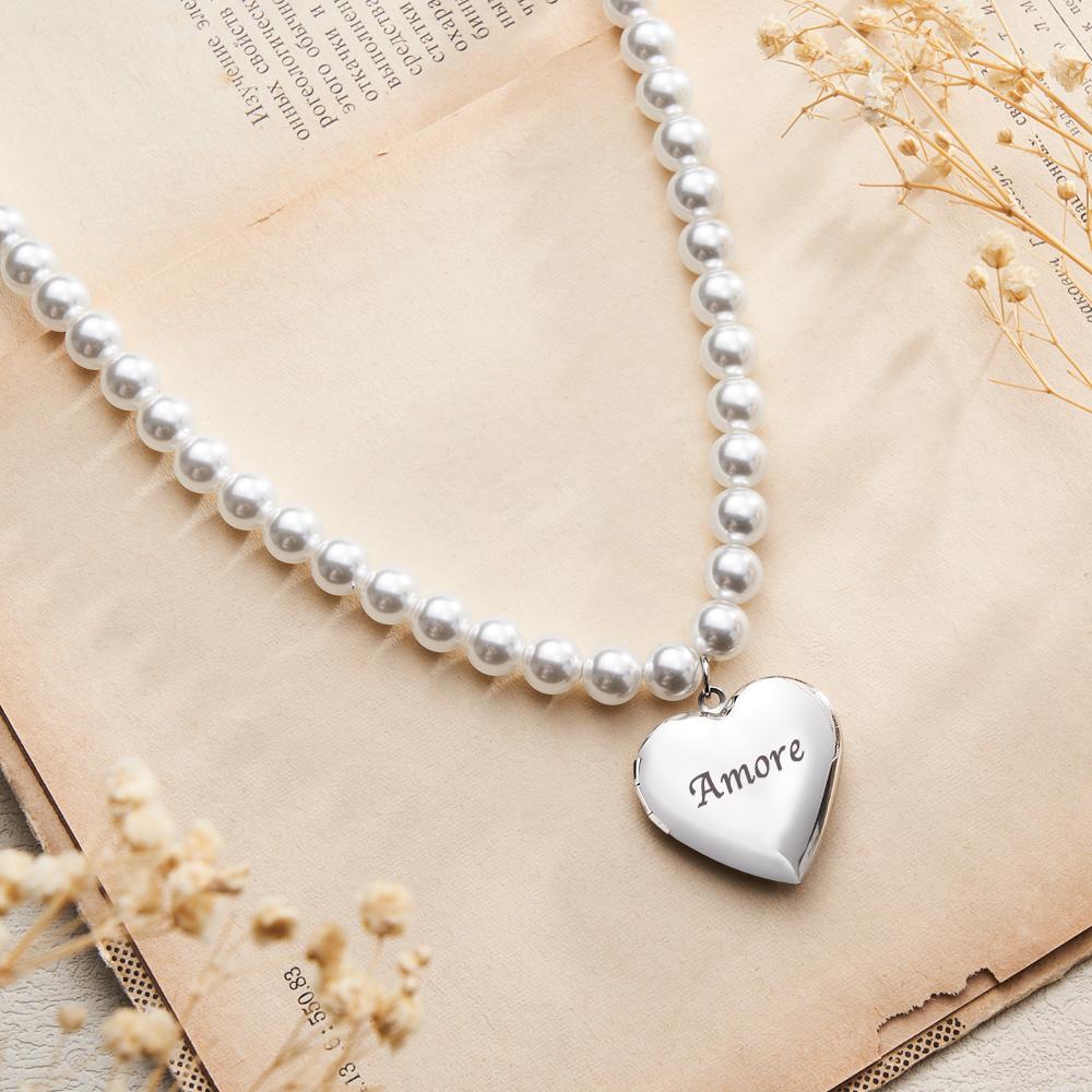 Custom Photo Engraved Necklace Pearl Heart Couple Gift - soufeelmy