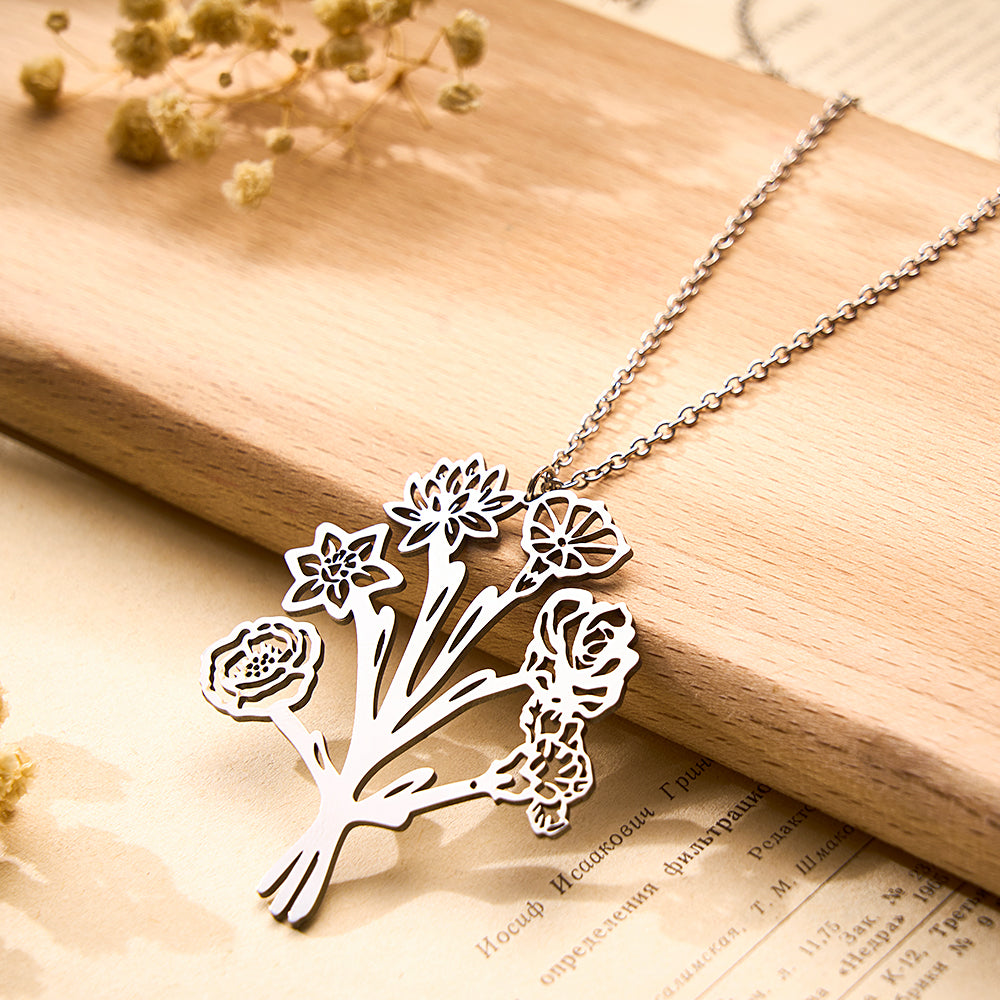 Personalized Combined Birth Flower Bouquet Necklace Gift for Mom - soufeelmy