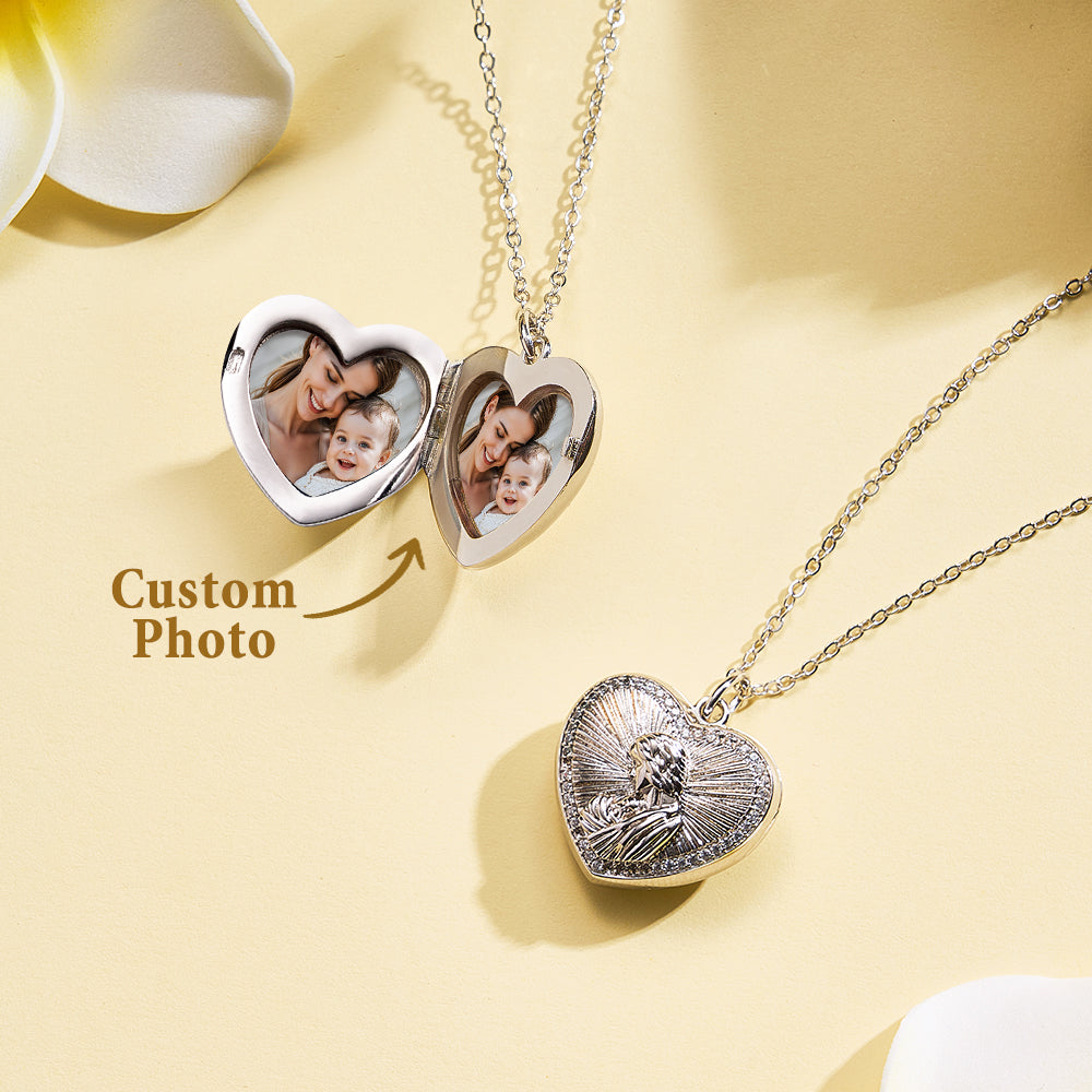 Personalized Photo Necklace Heart Embossed Cubic Locket Necklace Gift for Mom - soufeelmy
