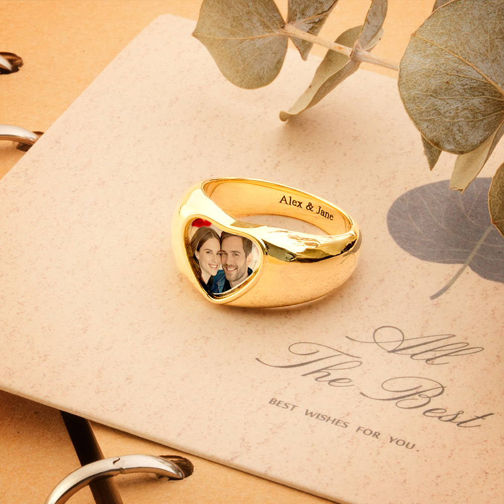 Customized Signet Photo Rings Heart Chunky Band Ring Stainless Steel Personalized Jewelry for Men Women - soufeelmy
