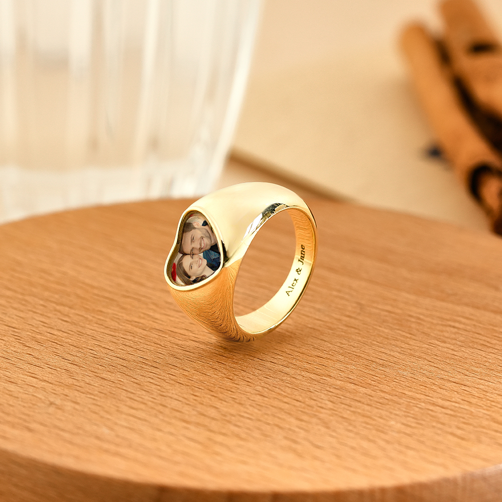 Customized Signet Photo Rings Heart Chunky Band Ring Stainless Steel Personalized Jewelry for Men Women - soufeelmy
