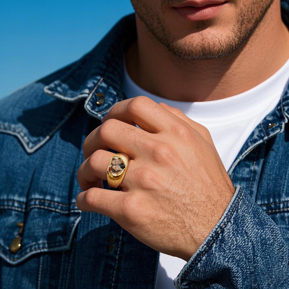 Customized Signet Photo Rings Heart Chunky Band Ring Stainless Steel Personalized Jewelry for Men Women - soufeelmy