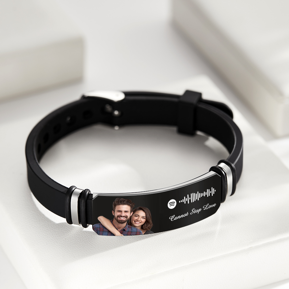 Custom Photo Engraved Spotify Music Black Bracelet For Him Personalized Bracelet Perfect Gift For Valentines Day - soufeelmy