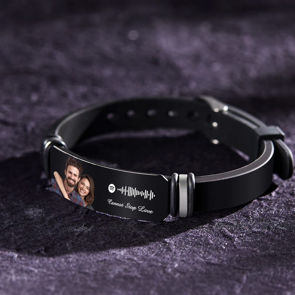 Custom Photo Engraved Spotify Music Black Bracelet For Him Personalized Bracelet Perfect Gift For Valentines Day - soufeelmy