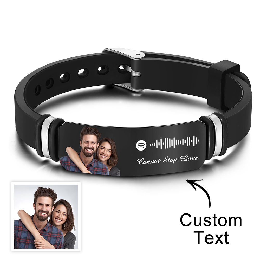 Custom Photo Engraved Spotify Music Black Bracelet For Him Personalized Bracelet Perfect Gift For Valentines Day - soufeelmy