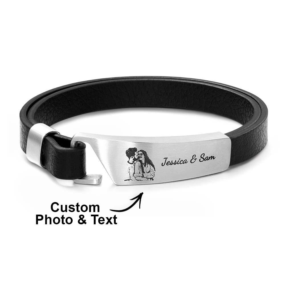 Custom Photo Leather Bracelet With Text Simple Retro Bracelet Gift For Men - soufeelmy