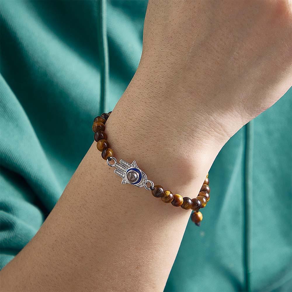 Custom Photo Projection Bracelet Tiger Eye Beaded Hamsa Evil Eye Men's Amulet Bracelet for Him - soufeelmy