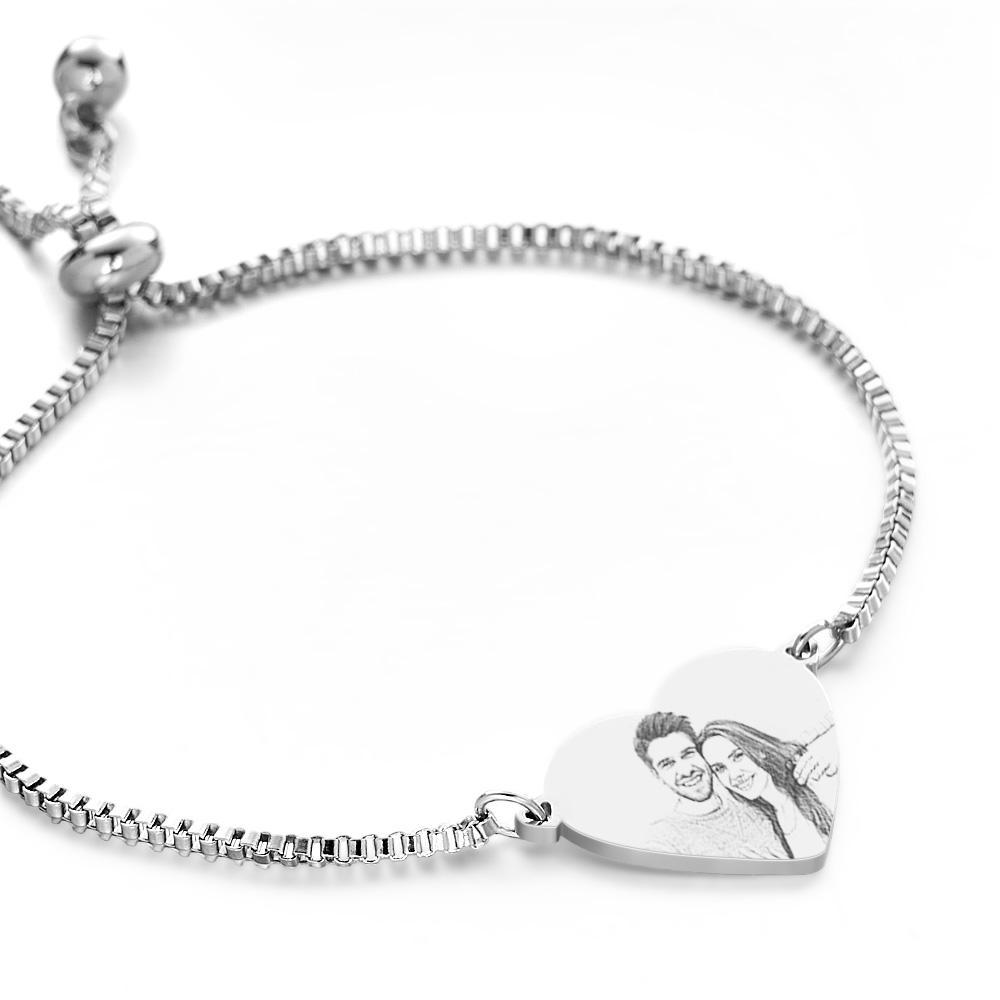 Personalized Custom Photo Text Stainless Steel Adjustable Bracelet Carved Heart Shaped Pendant Fashion Jewelry Custom Gift for Women - soufeelmy