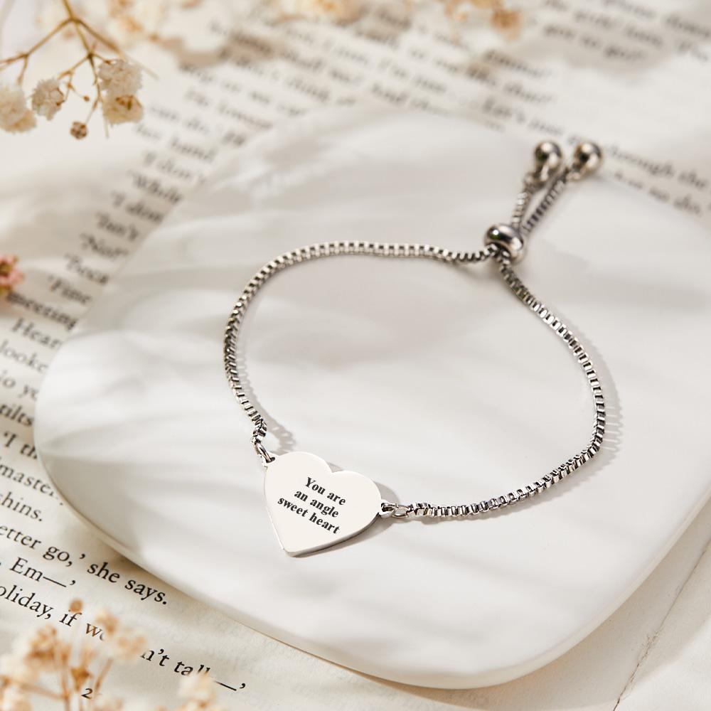 Personalized Custom Photo Text Stainless Steel Adjustable Bracelet Carved Heart Shaped Pendant Fashion Jewelry Custom Gift for Women - soufeelmy