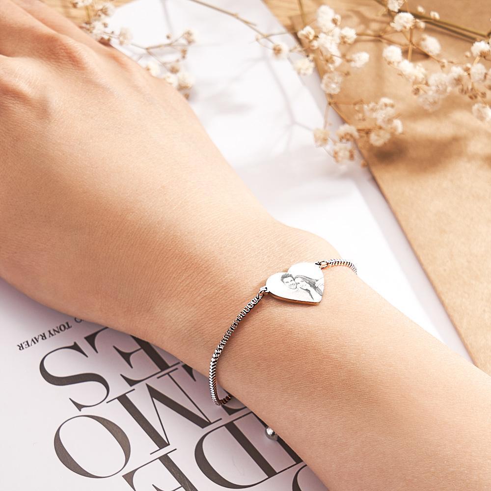 Personalized Custom Photo Text Stainless Steel Adjustable Bracelet Carved Heart Shaped Pendant Fashion Jewelry Custom Gift for Women - soufeelmy